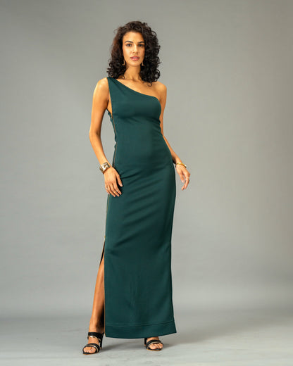 Serpentine Deep Green One-Shoulder Maxi Dress with Full-Length double-sided Gold Zip Detail