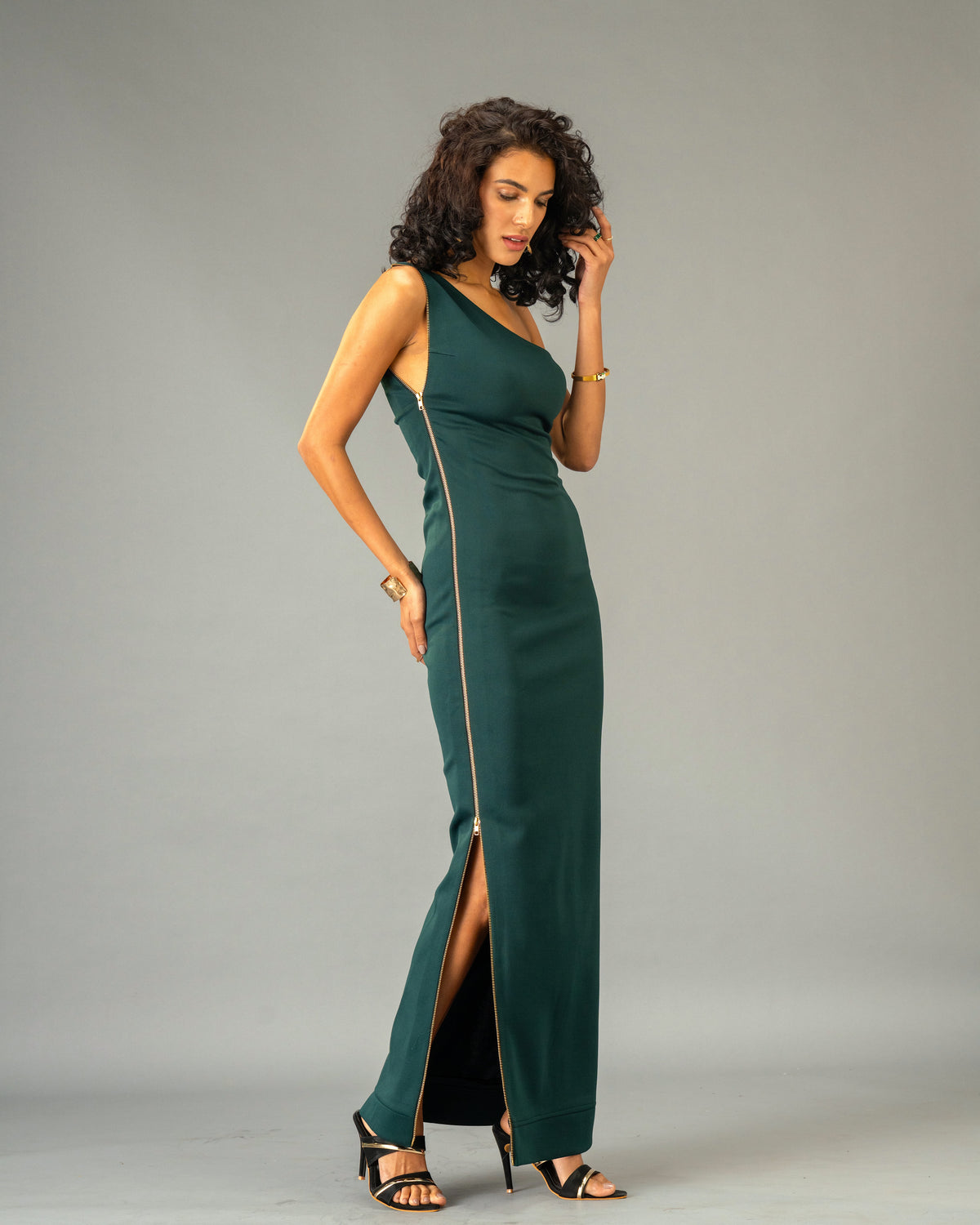 Serpentine Deep Green One-Shoulder Maxi Dress with Full-Length double-sided Gold Zip Detail