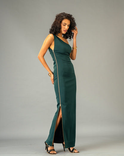 Serpentine Deep Green One-Shoulder Maxi Dress with Full-Length double-sided Gold Zip Detail