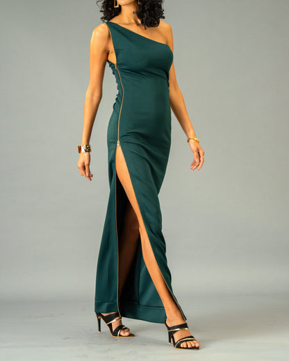 Serpentine Deep Green One-Shoulder Maxi Dress with Full-Length double-sided Gold Zip Detail
