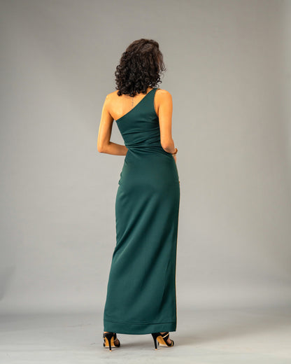 Serpentine Deep Green One-Shoulder Maxi Dress with Full-Length double-sided Gold Zip Detail