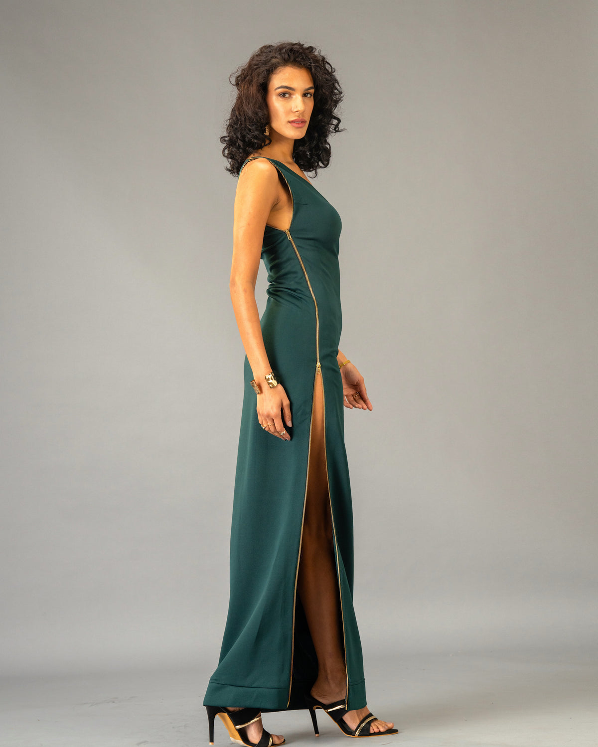 Serpentine Deep Green One-Shoulder Maxi Dress with Full-Length double-sided Gold Zip Detail