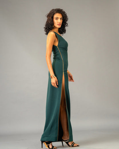 Serpentine Deep Green One-Shoulder Maxi Dress with Full-Length double-sided Gold Zip Detail