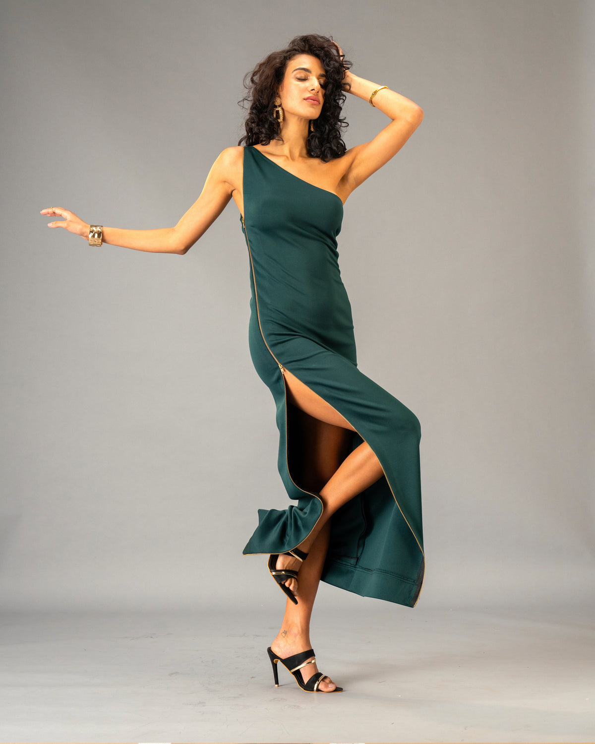 Serpentine Deep Green One-Shoulder Maxi Dress with Full-Length double-sided Gold Zip Detail