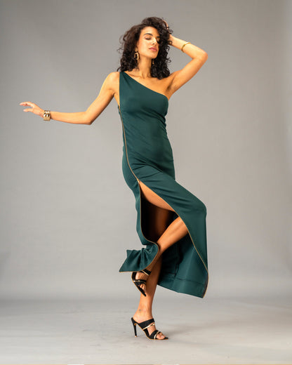 Serpentine Deep Green One-Shoulder Maxi Dress with Full-Length double-sided Gold Zip Detail