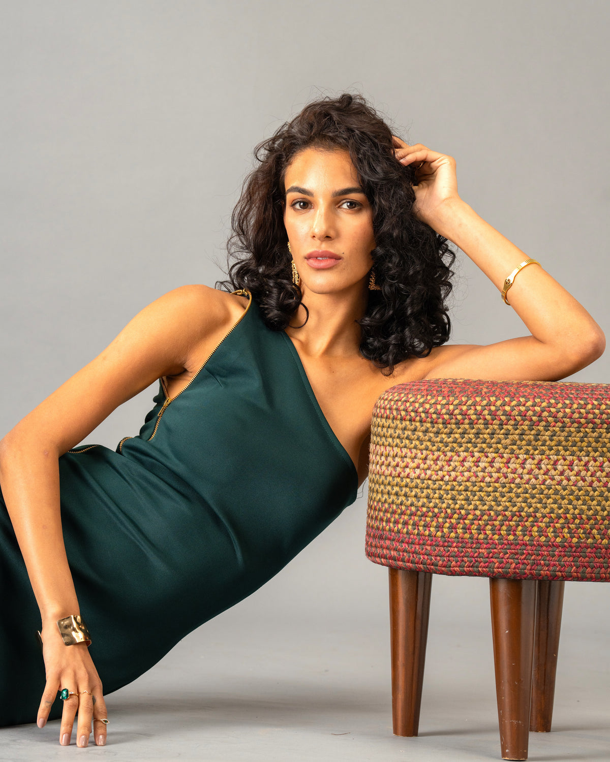 Serpentine Deep Green One-Shoulder Maxi Dress with Full-Length double-sided Gold Zip Detail