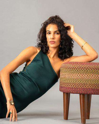 Serpentine Deep Green One-Shoulder Maxi Dress with Full-Length double-sided Gold Zip Detail