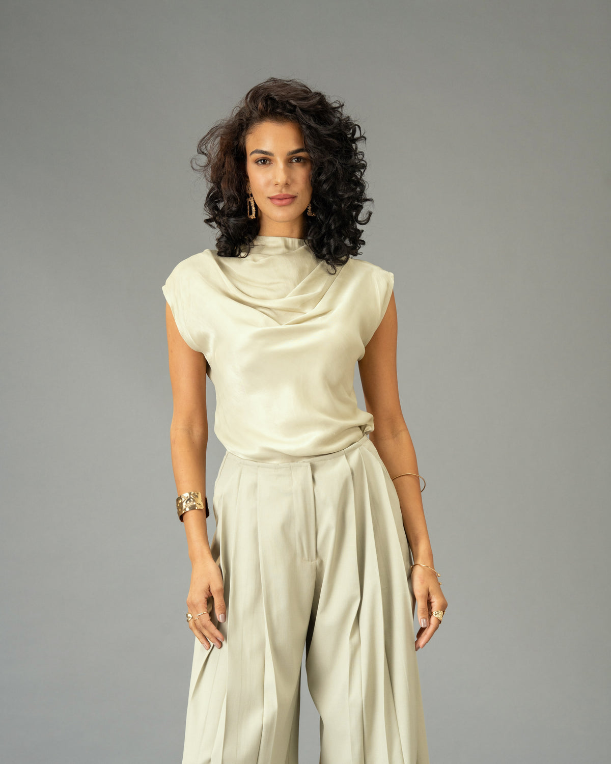 Sage Mist Soft Sage Satin Draped Top