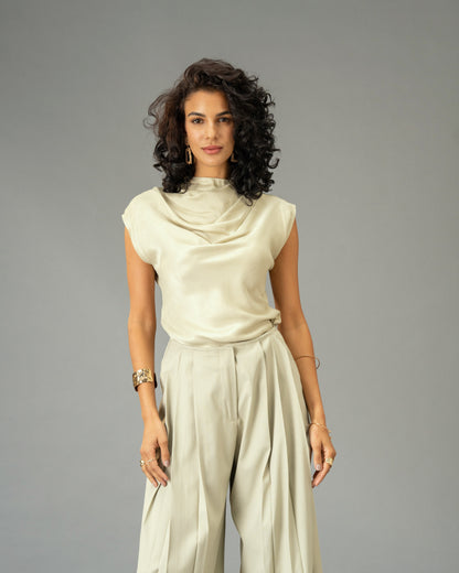 Sage Mist Soft Sage Satin Draped Top