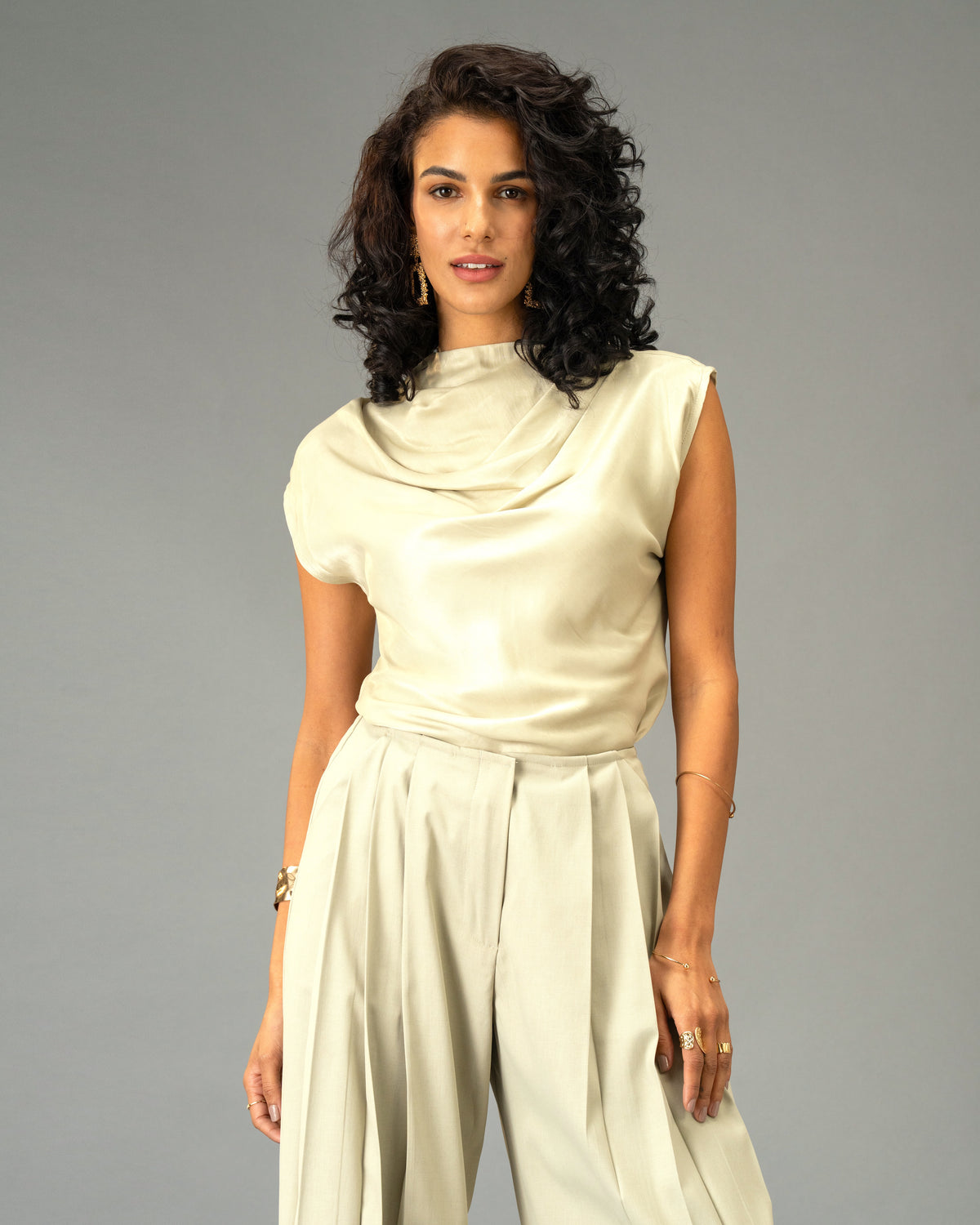 Sage Mist Soft Sage Satin Draped Top