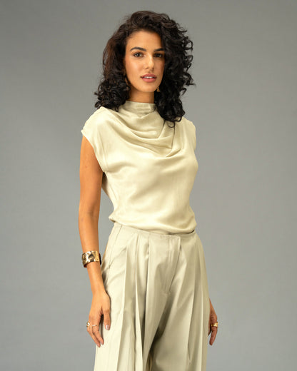 Sage Mist Soft Sage Satin Draped Top