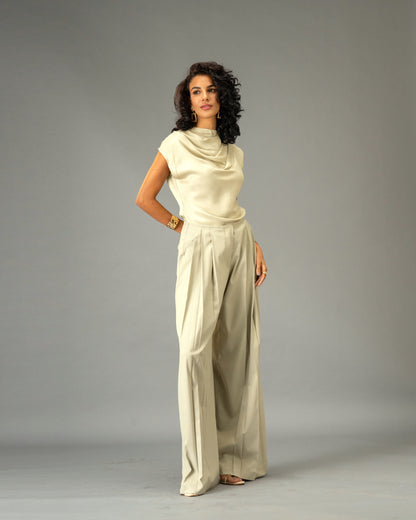Sage Mist Soft Sage Satin Draped Top and Wide-Leg Trousers Co-Ord Set