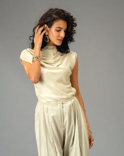 Sage Mist Soft Sage Satin Draped Top