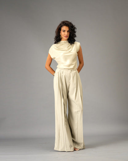 Sage Mist Soft Sage Satin Draped Top and Wide-Leg Trousers Co-Ord Set
