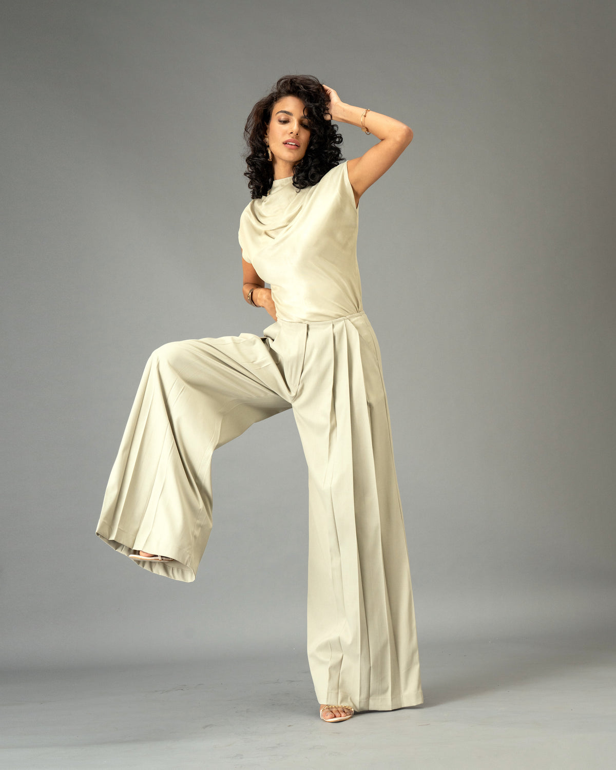 Sage Mist Soft Sage Satin Draped Top and Wide-Leg Trousers Co-Ord Set