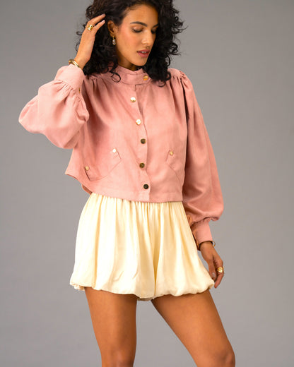 Rose Stone Dusty Pink Cropped Jacket and Cream Bubble Shorts Co-Ord Set