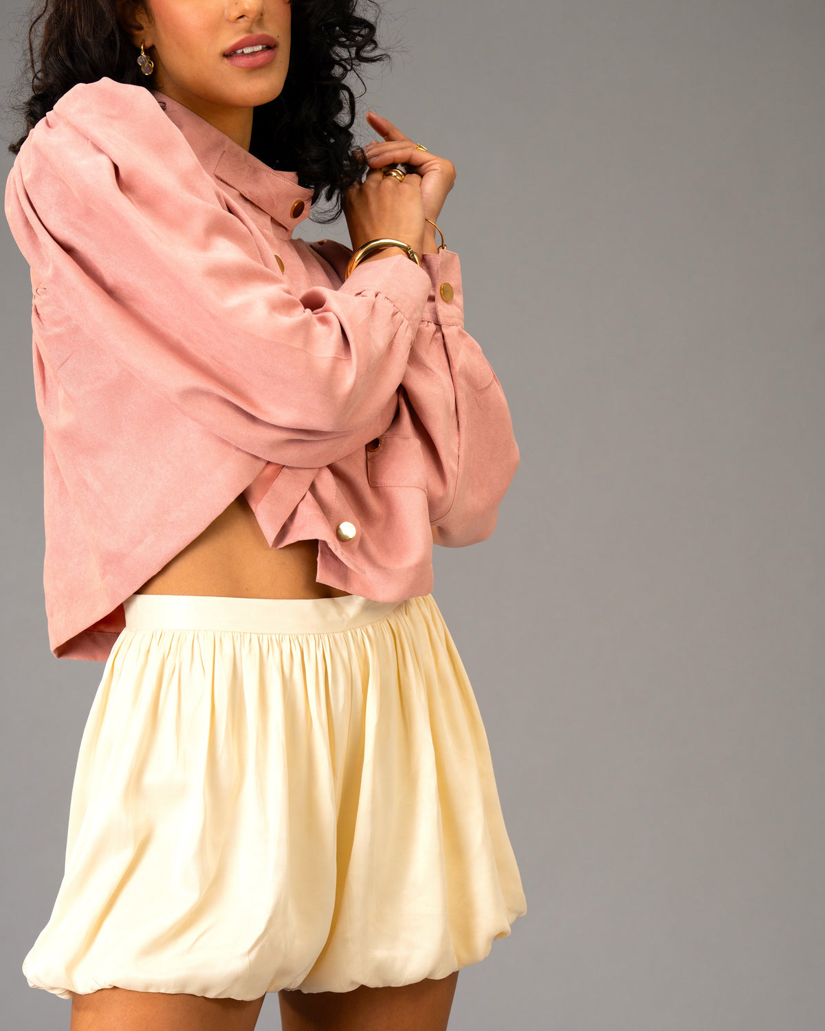 Rose Stone Dusty Pink Cropped Jacket and Cream Bubble Shorts Co-Ord Set
