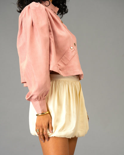 Rose Stone Cream Mid-Waisted Bubble Shorts with Voluminous Silhouette