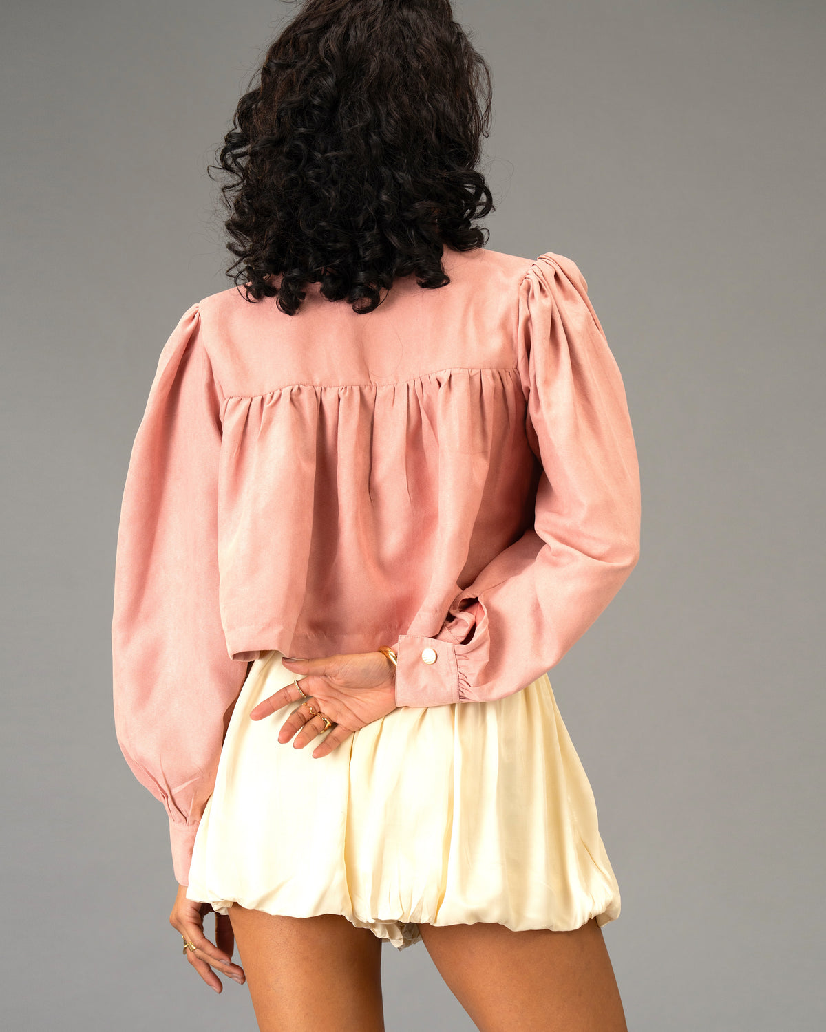 Rose Stone Dusty Pink Cropped Jacket and Cream Bubble Shorts Co-Ord Set