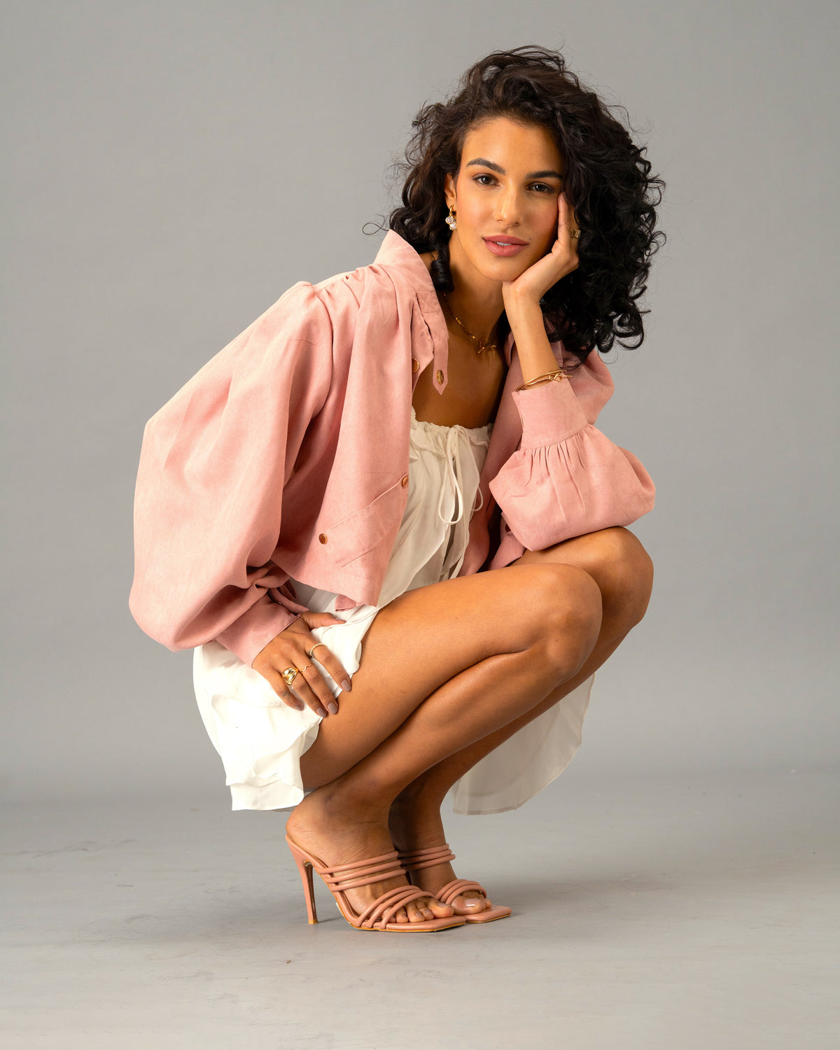 Sunday Girl White Ruffle Mini Dress with Rose Stone Cropped Jacket Co-Ord Set