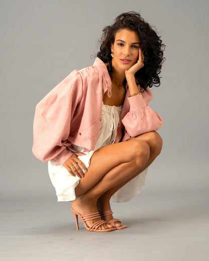 Sunday Girl White Ruffle Mini Dress with Rose Stone Cropped Jacket Co-Ord Set