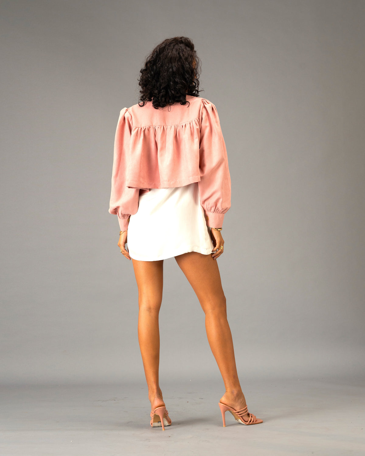 Sunday Girl White Ruffle Mini Dress with Rose Stone Cropped Jacket Co-Ord Set