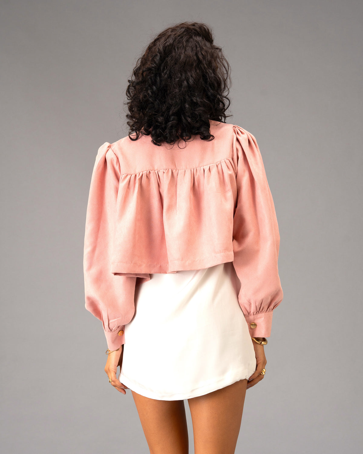Sunday Girl White Ruffle Mini Dress with Rose Stone Cropped Jacket Co-Ord Set