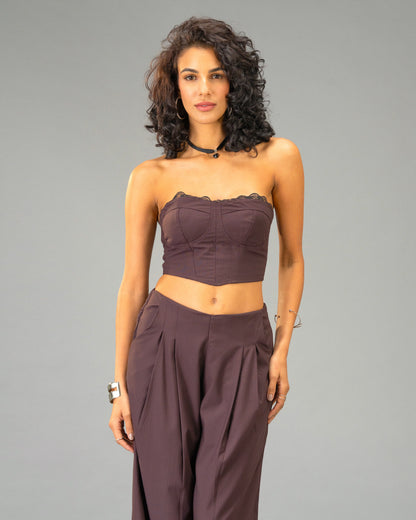 Plum Moon Deep Plum Corset Top with Lace Trim and Wide Leg Trousers
