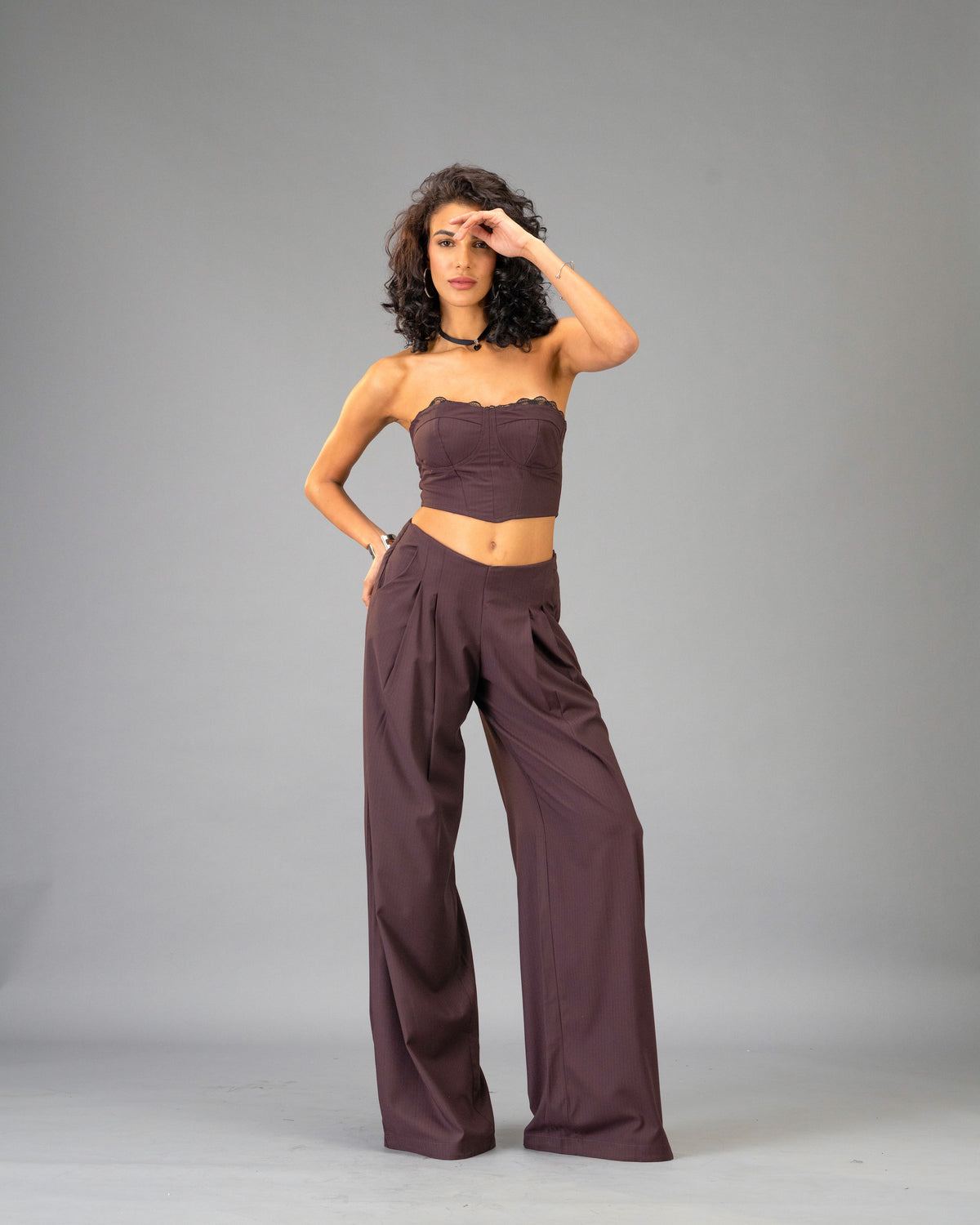 Plum Moon Deep Plum Corset Top with Lace Trim and Wide Leg Trousers
