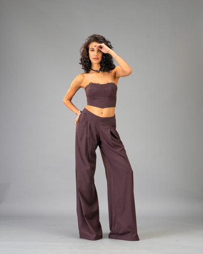 Plum Moon Deep Plum Corset Top with Lace Trim and Wide Leg Trousers