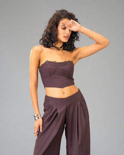 Plum Moon Deep Plum Corset Top with Lace Trim and Wide Leg Trousers