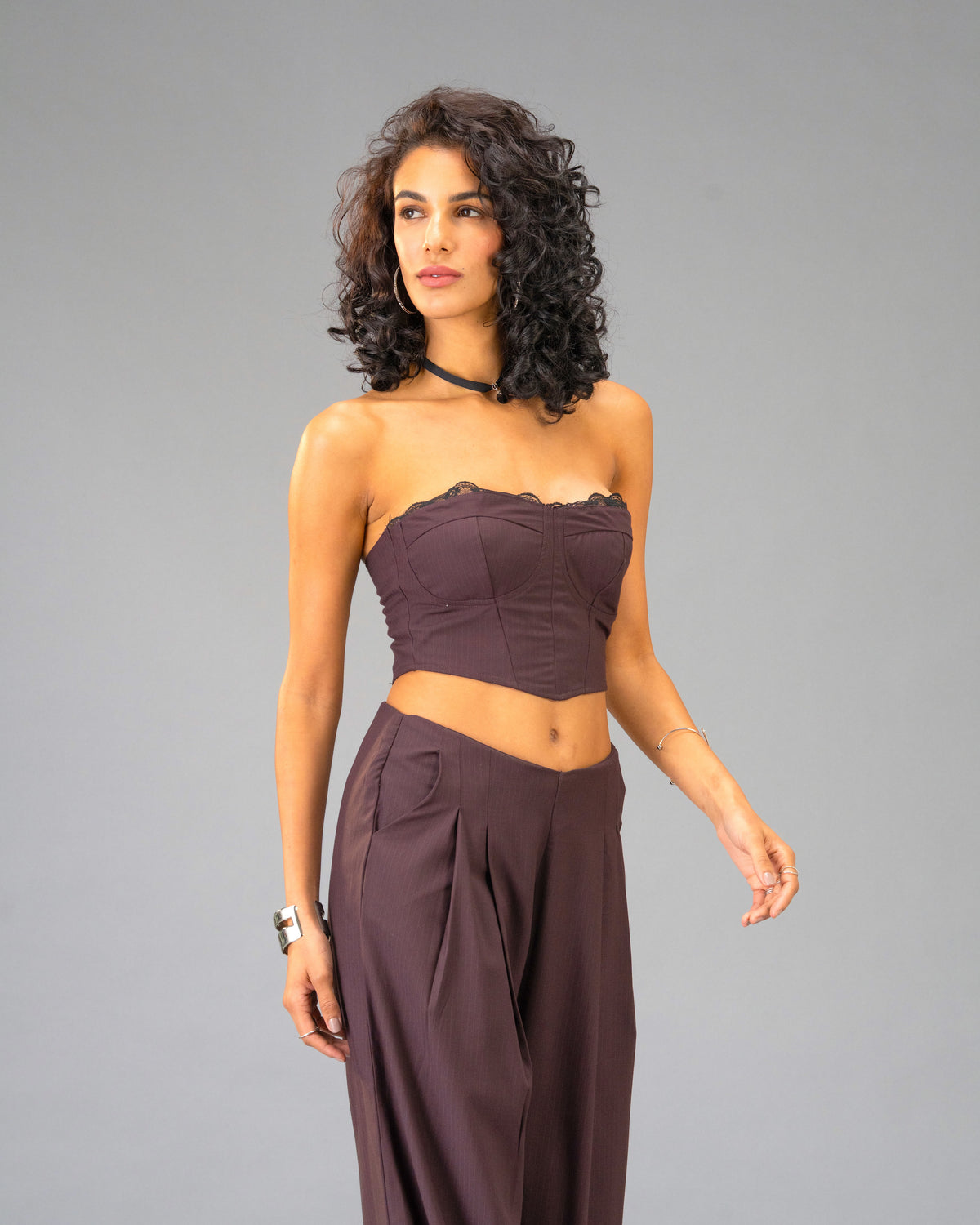 Plum Moon Deep Plum Corset Top with Lace Trim and Wide Leg Trousers