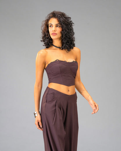 Plum Moon Deep Plum Corset Top with Lace Trim and Wide Leg Trousers