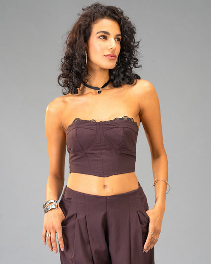 Plum Moon Deep Plum Corset Top with Lace Trim and Wide Leg Trousers