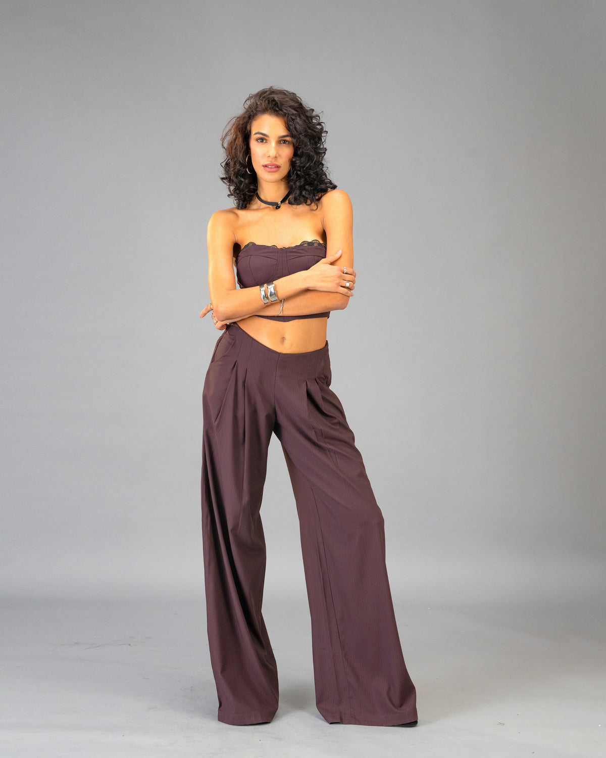Plum Moon Deep Plum Corset Top with Lace Trim and Wide Leg Trousers
