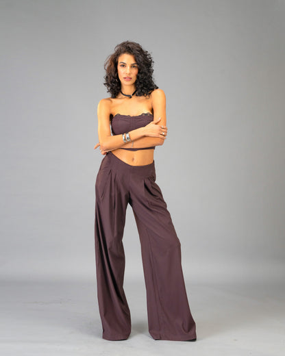 Plum Moon Deep Plum Corset Top with Lace Trim and Wide Leg Trousers