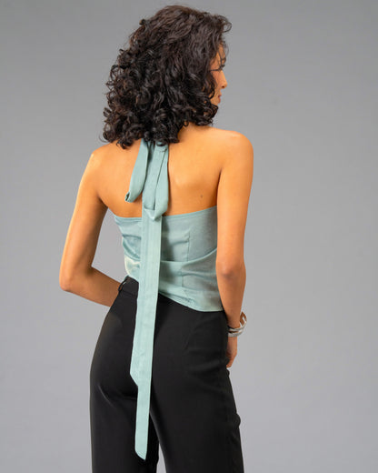Velvet Eclipse Sage Draped Halter Top with Black Wide Leg Trousers Coord Set