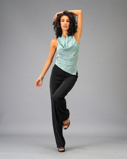Velvet Eclipse Sage Draped Halter Top with Black Wide Leg Trousers Coord Set