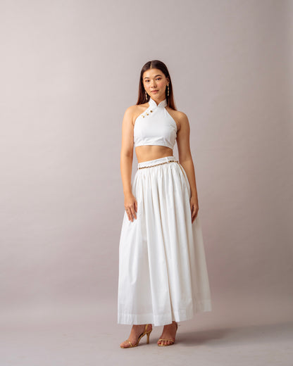 Hush Escape Set – White Halter Neck Top & Maxi Skirt Cotton Co-ord Set for Women