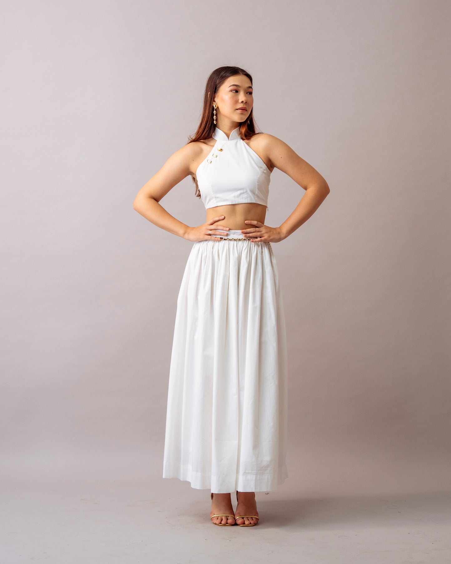 Hush Escape Set – White Halter Neck Top & Maxi Skirt Cotton Co-ord Set for Women