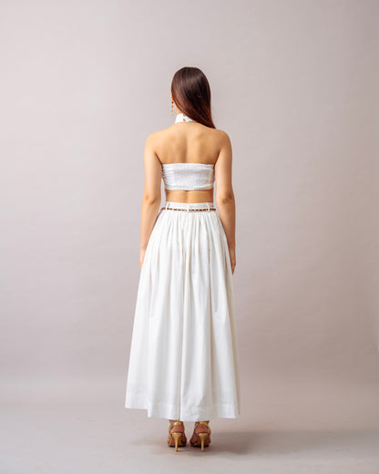 Hush Escape Set – White Halter Neck Top & Maxi Skirt Cotton Co-ord Set for Women