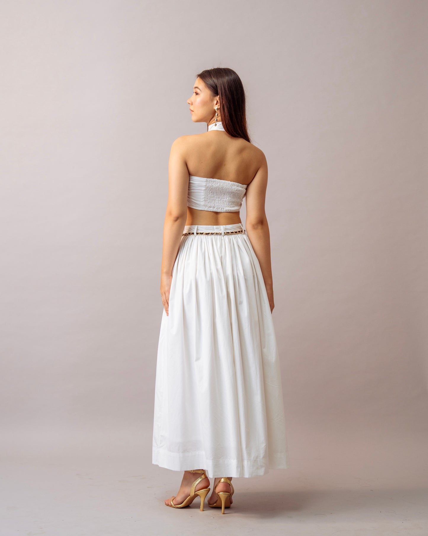 Hush Escape Top – White Cotton Halter Neck Top with gold accent for Women