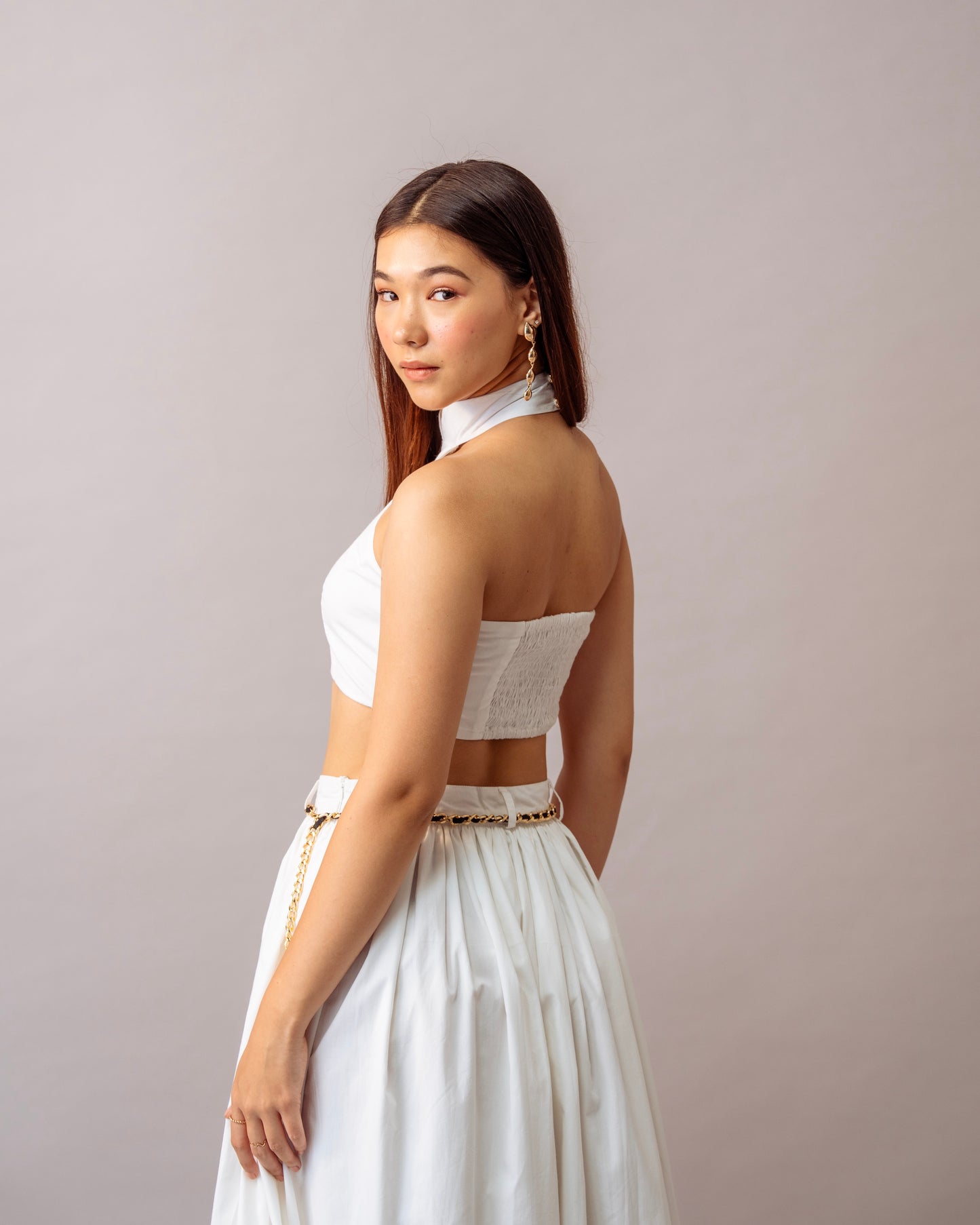 Hush Escape Set – White Halter Neck Top & Maxi Skirt Cotton Co-ord Set for Women