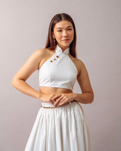 Hush Escape Set – White Halter Neck Top & Maxi Skirt Cotton Co-ord Set for Women
