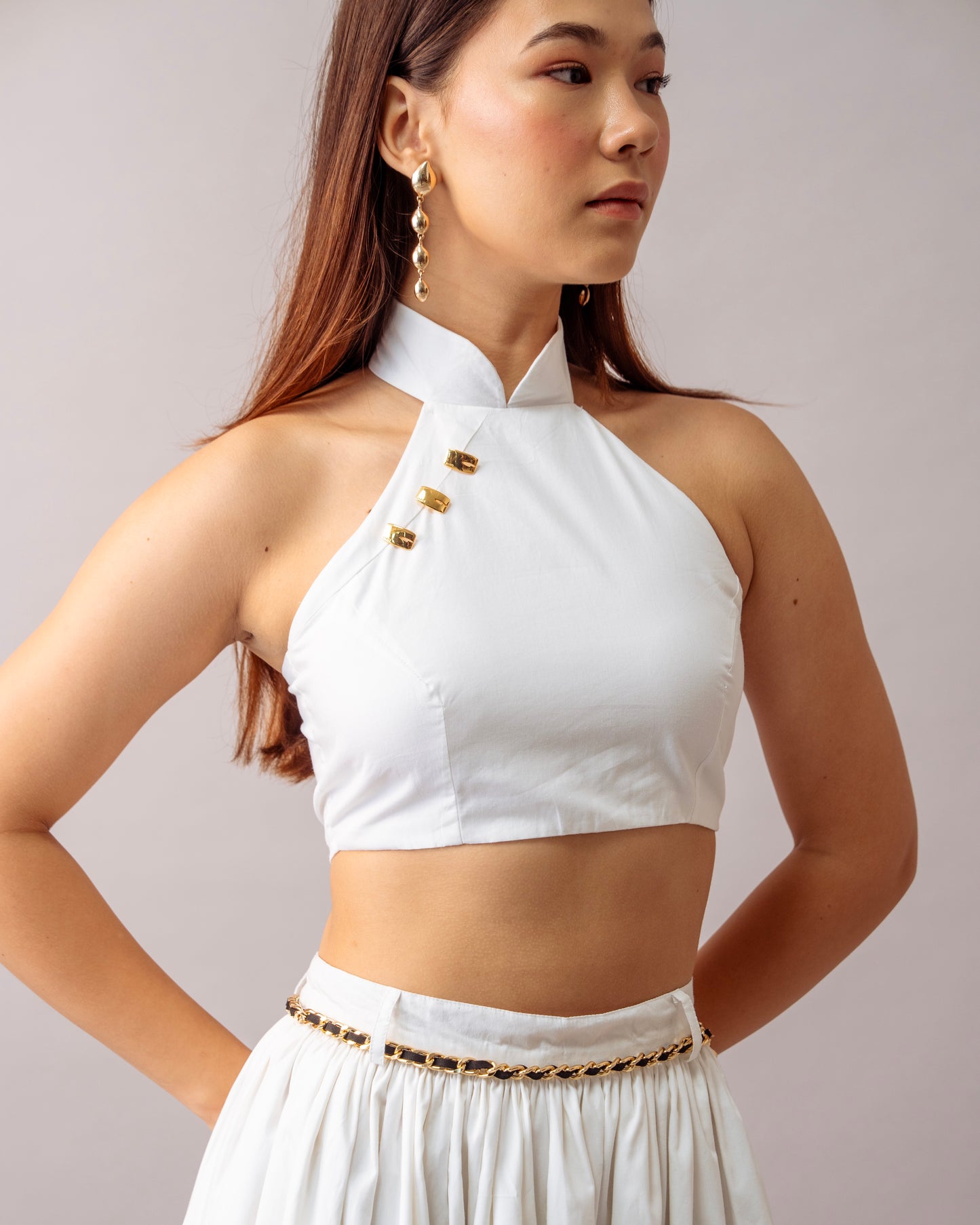 Hush Escape Set – White Halter Neck Top & Maxi Skirt Cotton Co-ord Set for Women
