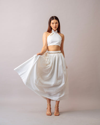 Hush Escape Set – White Halter Neck Top & Maxi Skirt Cotton Co-ord Set for Women