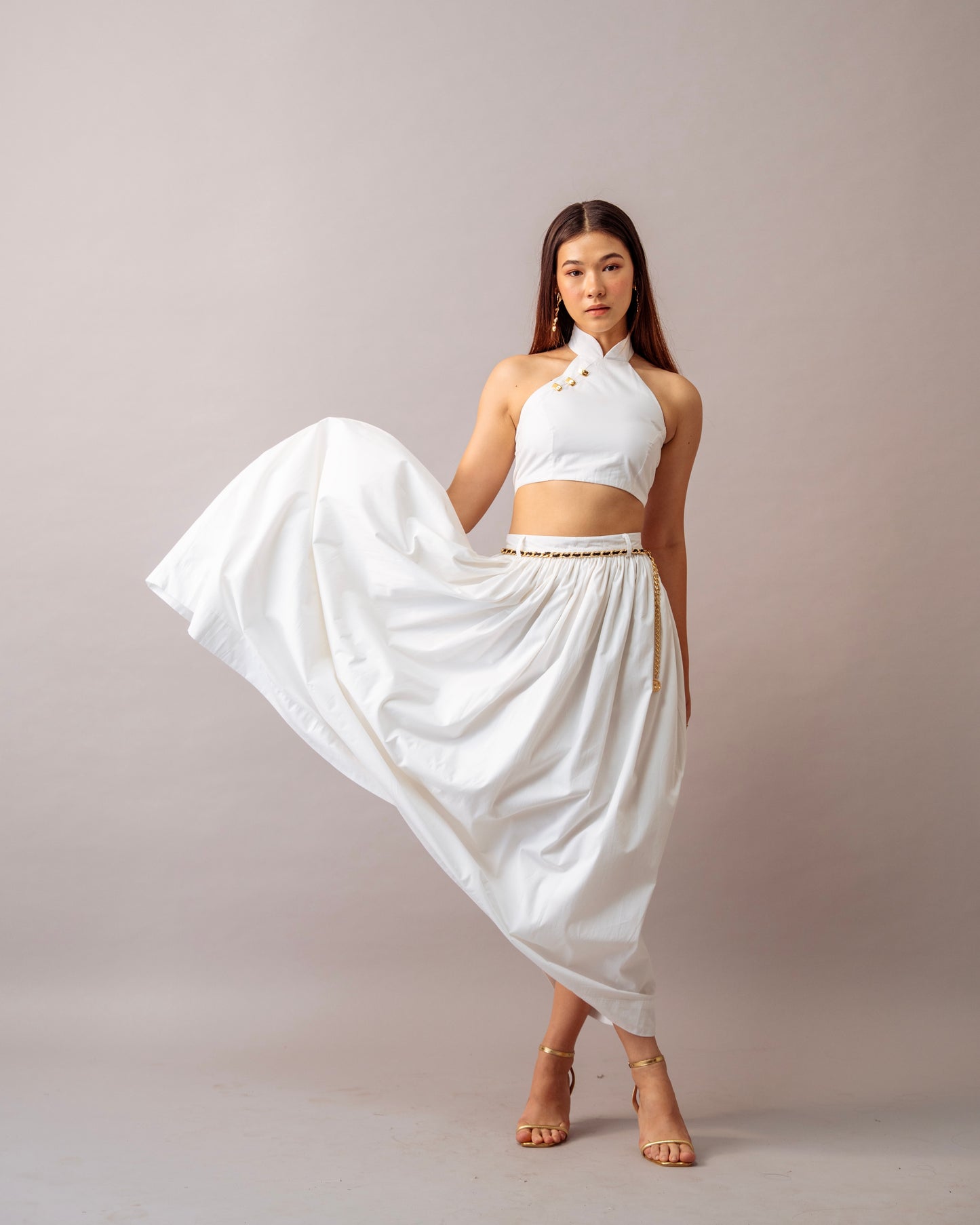Hush Escape Set – White Halter Neck Top & Maxi Skirt Cotton Co-ord Set for Women