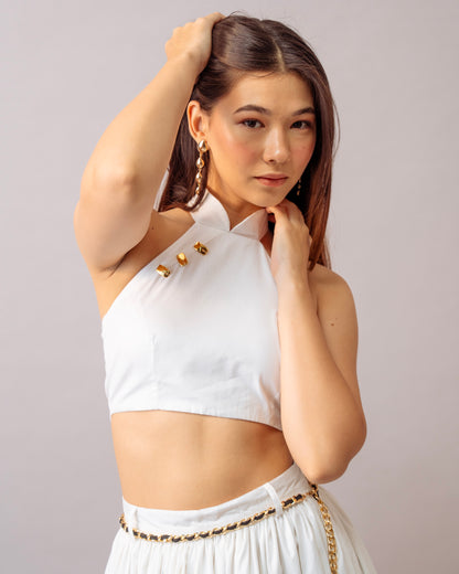 Hush Escape Top – White Cotton Halter Neck Top with gold accent for Women