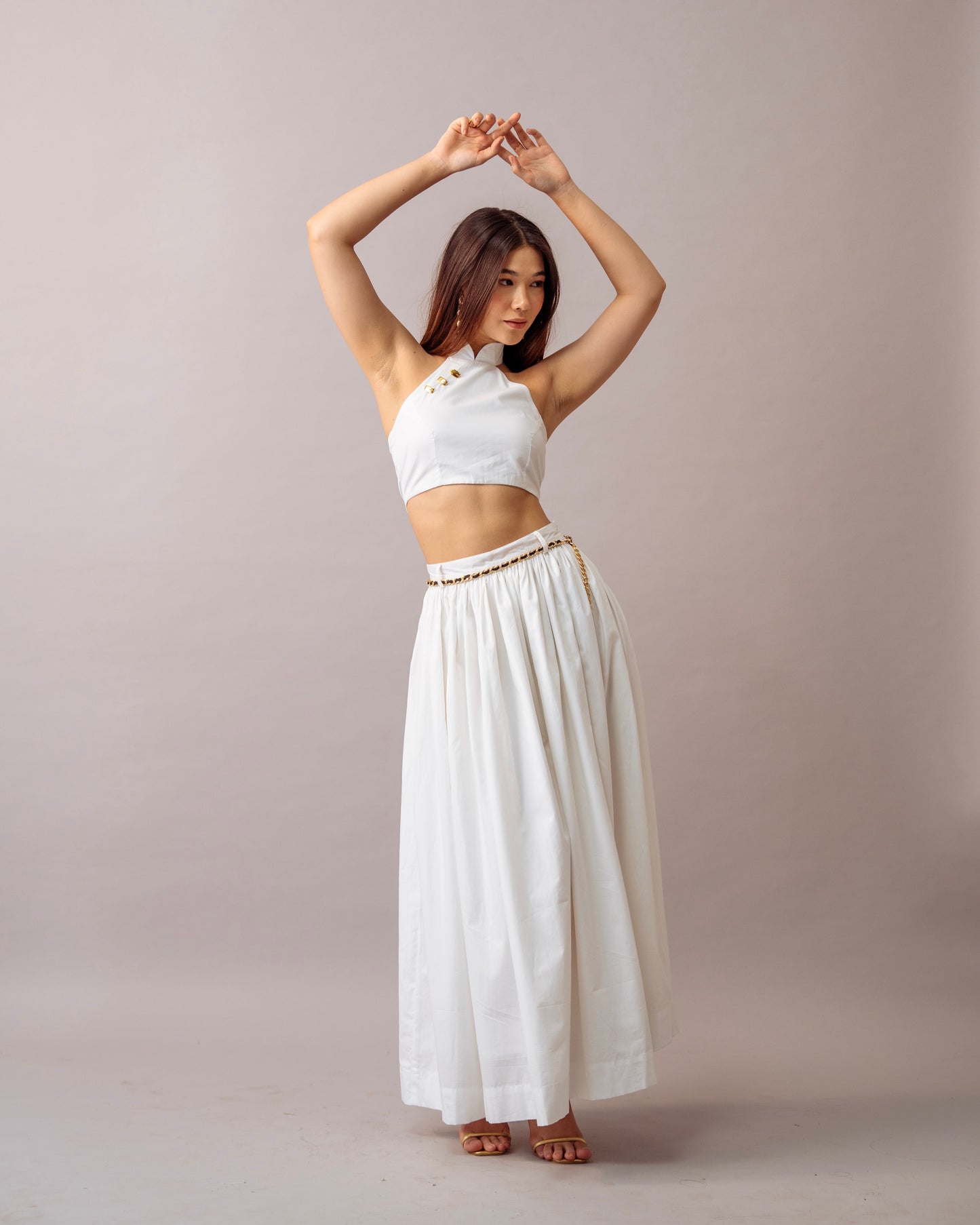 Hush Escape Set – White Halter Neck Top & Maxi Skirt Cotton Co-ord Set for Women