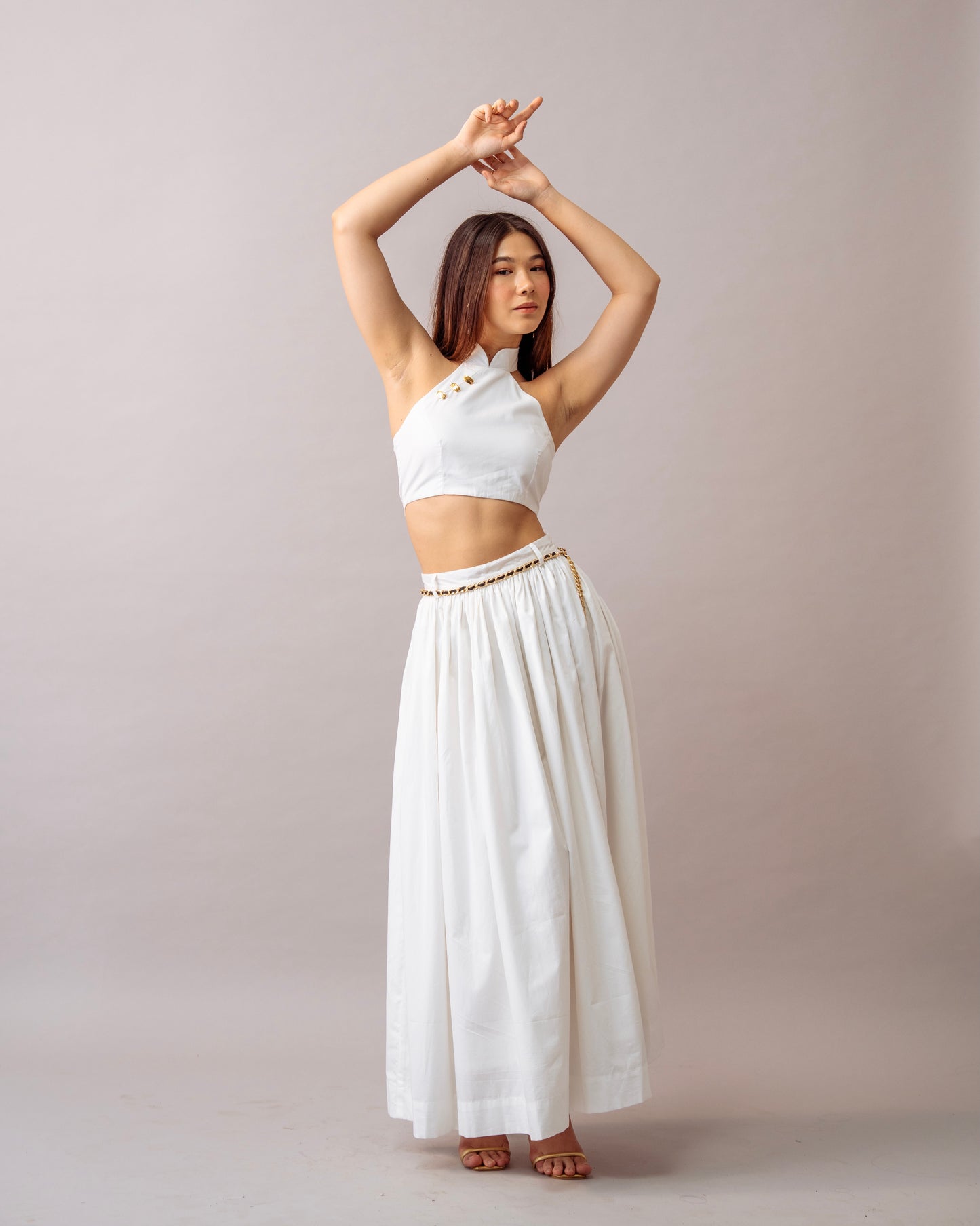 Hush Escape Top – White Cotton Halter Neck Top with gold accent for Women